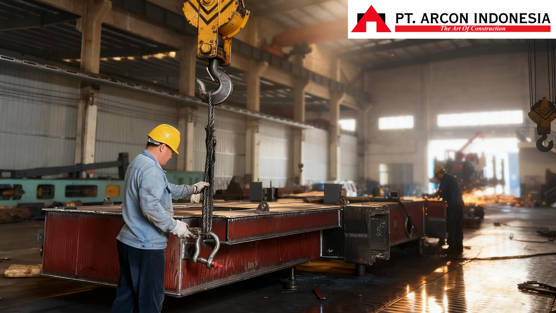 Proses perakitan HSPD (Hydraulic Static Pile Driver) menggunakan crane di workshop ARCON