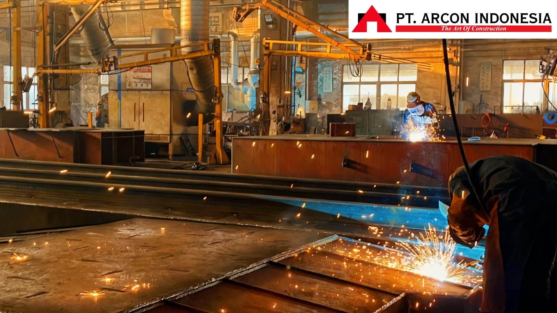 Proses pengelasan struktur baja HSPD (Hydraulic Static Pile Driver) di workshop ARCON Indonesia